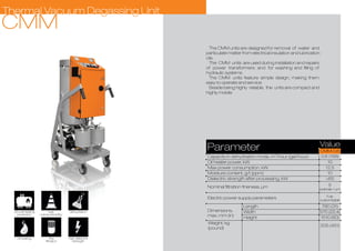 The CMM units are designed for removal of water and
particulate matter from electrical insulation and lubrication
oils.
The CMM units are used during installation and repairs
of power transformers and for washing and filling of
hydraulic systems.
The CMM units feature simple design, making them
easy to operate and service.
Beside being highly reliable, the units are compact and
highly mobile.
Parameter Value
CMM
oil overheating
protection
high
maneuverability
dehydration
oil heating fine
filtration
high dielectric
strength
Width
Electric power supply parameters Fully
customizable
Length
Height
Weight, kg
(pound)
780 (31)
570 (22,4)
1510 (60)
3
Capacity in dehydration mode, m /hour (gal/hour)
CMM-0,6
Oil heater power, kW 10
Max power consumption, kW
0,6 (158)
12,5
Moisture content, g/t (ppm) 10
>65
5
(optionally–1 µm)
Dielectric strength after processing, kW
Nominal filtration fineness, µm
Dimensions,
max, mm (in)
205 (451)
 