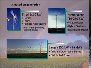 3. Based on generation
Small ( 10 kW)
• Homes
• Farms
• Remote Applications
(e.g. water pumping,
telecom sites)

Intermediate
(10-250 kW)
• Village Power
• Hybrid Systems
• Distributed Power

Large (250 kW - 2+MW)
• Central Station Wind Farms
• Distributed Power
KidWi
nd
Projec
t |
www.
kidwi

 