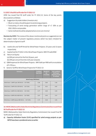 Enabling High Efficiency and Reliable Wind Power Projects
6



    9. CERC’s final RE tariff order for FY 2012-13
    CERC has issued final RE tariff order for FY 2012-13. Some of the key points
    discussed are as follows:
    a) Suggestions by stake holders (investors etc):
         Must run status should be given to wind energy projects.
         Forecasting of wind energy generation within range of +/- 30% as per
           IEGC-2010 is not possible.
          Some method should be adopted where errors are minimal


    Decision by CERC: The review of the above-mentioned points as suggested are not
    the subject matter of present regulatory process which has been initiated for
    determination of generic tariff

    b)    Useful Life and Tariff Period for Wind Power Projects: 25 years and 13 years
        respectively
    c) Capital Cost for FY 2012-13 for Wind Power Projects: INR 575 Lakh/MW
    d) Return on Equity:
       (a) 20% per annum for the first 10 years, and
       (b) 24% per annum from the 11th year onwards
    e) O&M expenses for Wind Power Projects: INR 9 lakh per MW with an escalation
         of 5.72% p.a.
    f)   Generic Tariff for Wind Power Projects for FY 2012-13

                         Particulars                     Levellised     Benefit of      Net Levellised
                                                         Total Tariff        AD          Tariff (upon
                                                                        (if availed)   adjusting of AD)
                                                                                          (if availed)

                                         Wind Energy (INR/Kwhr)

     Wind Zone -1 (WPD upto 200 W/m2 - CUF 20%)             5.96           0.60             5.36


     Wind Zone -2 (WPD 201-250 W/m2 - CUF 22%)              5.42           0.55             4.87


     Wind Zone -3 (WPD 251-300 W/m2 - CUF 25%)              4.77           0.48             4.29


     Wind Zone -4 (WPD 301-400 W/m2 - CUF 30%)              3.97           0.40             3.57


     Wind Zone -5 (WPD above 400 W/m2 - CUF 32%)            3.73           0.38             3.35




    10. MERC (Maharashtra State Electricity Regulatory Commission) has issued Final
    RE Tariff order for FY 2012-13
    MERC (Maharashtra State Electricity Regulatory Commission) has issued Final RE
    Tariff order for FY 2012-13
    a) Capacity Utilization Factor (CUF) specified for wind energy projects as per
          WPD have been considered same as earlier




                                                                                                                 www.windforce-management.com
 