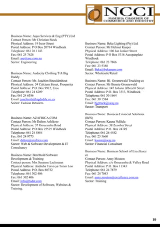 Business Name: Aqua Services  Eng (PTY) Ltd
Contact Person: Mr Christian Stock
Physical Address: 19 Iscor Street                 Business Name: Beka Lighting (Pty) Ltd
Postal Address: P O Box 20714 Windhoek            Contact Person: Mr Helmut Kasper
Telephone: 061 26 1143                            Physical Address: 106 Jan Jonker Street
Fax: 061 25 7628                                  Postal Address: P O Box 5316 Ausspanplatz
Email: ase@ase.com.na                             Windhoek
Sector: Engineering                               Telephone: 061 23 7866
                                                  Fax: 061 23 5388
                                                  Email: Beka@bekanam.com
Business Name: Audacity Clothing T/A Big          Sector: Wholesale/Retail
Daddy
Contact Person: Mr. Joachim Bezuidenhout          Business Name: BJ. Groenewald Trucking cc
Physical Address: 54 Calcium Street, Prosperita   Contact Person: Mr Bennie Groenewald
Postal Address: P.O. Box 9912, Eros               Physical Address: 147 Johann Albrecht Street
Telephone: 061 24 6209                            Postal Address: P.O. Box 3313, Windhoek
Fax: 061 24 6386                                  Telephone: 061 30 1664
Email: joachimb@bigdaddy.co.za                    Fax: 061 30 1584
Sector: Fashion Retailers                         Email: bjgtruck@iway.na
                                                  Sector: Transport

                                                  Business Name: Business Financial Solutions
Business Name: AZAFRICA.COM                       (BFS)
Contact Person: Mr Dalton Ashikoto                Contact Person: Kauna Ndilula
Physical Address: 37 Omuramba Road                Physical Address: 38 Zenobia Street
Postal Address: P O Box 25525 Windhoek            Postal Address: P.O. Box 24749
Telephone: 061 24 5884                            Telephone: 061 26 4482
Fax: 061 24 9775                                  Fax: 061 25 5660
Email: dalton@azafrica.com                        Email: kauna@iway.na
Sector: Web  Software Development  IT           Sector: Financial Consultant
Consultancy
                                                  Business Name: Business School of Excellence
Business Name: Berchtold Software                 cc
Development  Training                            Contact Person: Anny Mouton
Contact person: Mrs Susanne Lachmann              Physical Address: c/o Omuramba  Valley Road
Physical Address: Andiuba Toivo ya Toivo Loo      Postal Address: P.O. Box 11343
Postal Address: P.O. Box 80732                    Telephone: 061 24 7879
Telephone: 061 302 406                            Fax: 061 24 7043
Fax: 061 302 406                                  Email: anny.mouton@excellence.com.na
Email: info@bsdat.com                             Sector: Training
Sector: Development of Software, Websites 
Training.




                                                                                                 10
 