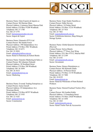 Business Name: Eden Exports  Imports cc         Business Name: Expo Studio Namibia cc
Contact Person: Mr Harman Mans                   Contact Person: Eddie Stevens
Physical Address: Centaurus Street Maerua Park   Physical Address: 14 Faiday Street
Postal Address: P O Box 97208 Windhoek           Postal Address: P O Box 31216 Windhoek
Telephone: 061 27 1780                           Telephone: 061 25 7416
Fax: 061 27 1779                                 Fax: 061 25 7461
Email: harmanmans@eden-int.com                   Email: expostud@mweb.com.na
Sector: Import  Export                          Sector: Exhibitions-Interiors, Shop fitting 
                                                 Storage System
Business Name: Edumeds (PTY) Ltd
Contact Person: Ms Sandra Farrer
Physical Address: 398 Independence Ave           Business Name: Global Quaestor International
Postal Address: P O Box 2961 Windhoek            (Pty) Ltd
Telephone: 061 22 6371                           Contact Person: Sylvia Mutelo
Fax: 061 22 5054                                 Physical Address: 3rd Floor, East Wing
Email: edumeds@iafrica.com.na                    Postal Address: P.O. Box 97312, Maerua Mall
Sector: Retail in Stationery  School Books      Telephone: 061 23 2189
                                                 Fax: 061 23 2181
Business Name: Etameko Marketing  Sales cc      Email: sylviam@mweb.com.na
Contact Person: Mr Johannes Nekundi              Sector: Investment
Physical Address: 38 Nordland Street
Postal Address: P O Box 280 Windhoek             Business Name: Hemco Distrubutors cc
Telephone: 061 26 3694                           Contact Person: Mr Helmuth Gladis
Fax: 061 26 3614                                 Physical Address: 10 Parson Street
Email: jrnetameko@iway.na                        Postal Address: P O Box 11178 Windhoek
Sector: Marketing                                Telephone: 061 23 7400
                                                 Fax: 061 24 8193
                                                 Email: hemco@iway.na
                                                 Sector: Retail  Wholesale of Paint Related
Business Name: Everank Trading Enterprises cc    Products
Contact Person: Justus Guiseb
Physical Address: 85 Independence Ave            Business Name: Henred Fruehauf Trailers (Pty)
Woerman Brock                                    Ltd
Postal Address: P O Box 60797 Windhoek           Contact Person: Mr Gunther Kahle
Telephone: 061 22 3103                           Physical Address: 13 Gutenberg Street
Fax: 061 22 3103                                 Postal Address: P O Box 23020 Windhoek
Email: justuss@iway.na                           Telephone: 061 22 1850
Sector: Construction                             Fax: 061 22 1843
                                                 Email: trailer@mweb.com.na
                                                 Sector: Retail Trailer Parts  Accessories




                                                                                                 1
 