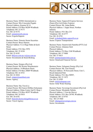 Business Name: SEMA International cc            Business Name: Supaswift Express Services
Contact Person: Mrs Conceição Pegado            (Nam) (Pty) Ltd (Fedex Express)
Physical Address: Kunene St 14                  Contact Person: Mr. Johan Botha
Postal Address: P O Box 86209 Windhoek          Physical Address: 1 Jeppe Street, Northen
Telephone: 061 22 9173                          Industry
Fax: 061 22 9174                                Postal Address: P.O. Box 211
Email: sema@mweb.com.na                         Telephone: 061 26 4777
Sector: Exports/Imports                         Fax: 061 26 4781
                                                Email: jo.botha@fedex.supswift.co.za
Business Name: Simonis Storm Securities         Sector: Express Transportation
Contact Person: Bruce Hansen
Physical Address: 4 c/o Hugo Hahn  Koch        Business Name: Smartswitch Namibia (PTY) Ltd
Street                                          Contact Person: Johannes Smit
Postal Address: P.O. Box 3970                   Physical Address:
Telephone: 061 25 4194                          Postal Address: P O Box 2160 Windhoek
Fax: 061 25 4193                                Telephone: 061 37 9400
Email: bh@sss.com.na; tc@sss.com.na             Fax: 061 37 9415
Sector: Investments  Stock-Broking             Email: jsmit@smartswitch.com.na
                                                Sector: Smartcard Financial Service

Business Name: Simpex (Pty) Ltd
Contact Person: Mr Werner Struchtemeier         Business Name: Solsquare Energy (Pty) Ltd
Physical Address: 19 Bloekom Street             Contact Person: Mr. Toni Simoes
Postal Address: P O Box 20069 Windhoek          Physical Address: 38 Newcastle Street, Unit 3,
Telephone: 061 22 4721                          Rosch Industrial Park
Fax: 061 22 2834                                Postal Address: P.O. Box 90997,
Email: simpex@namibnet.com                      Telephone: 061 21 1675
Sector: Agency                                  Fax: 061 21 0309
                                                Email: toni@solsquare.com
                                                Sector: Solar Water Heating
Business Name: Sky Travel cc
Contact Person: Ms Francis Hilfiker-Schumann    Business Name: Sovereign Investment (Pty) Ltd
Physical Address: Hidas Centre 2nd Fl, Shop 1   Contact Person: Mwahafar Ndilula
Postal Address: P O Box 40397 Windhoek          Physical Address: 2 Van der Heever
Telephone: 061 24 5818                          Postal Address: P.O. Box 24749, Windhoek
Fax: 061 26 6192                                Telephone: 061 22 0743
Email: francish.skytravel@galileosa.co.za       Fax: 061 25 5660
Sector: Travel Agency                           Email: ohaingu@sovereign.com.na
                                                Sector: Investments




                                                                                                 1
 