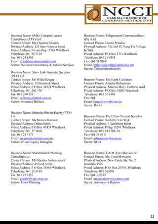 Business Name: SMEs Competitiveness               Business Name: Telepassport Communications
Consultancy (PTY) Ltd                             (Pty) Ltd
Contact Person: Ms Claudine Mouton                Contact Person: Lizane Prinsloo
Physical Address: 123 Sam Nujoma Street           Physical Address: 3B, 2nd Fl, Yang Tze Village,
Postal Address: Private Bag 13368 Windhoek        K/Whk
Telephone: 061 24 7129                            Postal Address: P O Box 3731 Windhoek
Fax: 061 24 8591                                  Telephone: 061 21 9243
Email: claudine@smecompete.com                    Fax: 061 21 9268
Sector: Business Consultancy  Related Services   Email: lprinsloo@telepassport.com.na;
                                                  Sector: Telecommunications
Business Name: Stern Link Financial Services
(PTY) Ltd
Contact Person: Mr Willie Kruger                  Business Name: The Earth Collection
Physical Address: 13 Bismarck Street              Contact Person: Annette Rathenman
Postal Address: P O Box 24324 Windhoek            Physical Address: Maerua Mall - Centarus road
Telephone: 061 260 136                            Postal Address: P O Box 24082 Windhoek
Fax: 061 260 138                                  Telephone: 061 30 1889
Email: willie@sternlink.com.na                    Fax: 061
Sector: Insurance Brokers                         Email: tirngc@mweb.com.na
                                                  Sector: Retail

Business Name: Stimulus Private Equity (PTY)
Ltd                                               Business Name: The Urban Trust of Namibia
Contact Person: Ms Monica Kalondo                 Contact Person: Rochelle Van Wyk
Physical Address: Orban Street                    Physical Address: 3 Schönlein Street
Postal Address: P O Box 97438 Windhoek            Postal Address: P/Bag 13291 Windhoek
Telephone: 061 37 1660                            Telephone: 061 24 8708/ 10
Fax: 061 23 4173                                  Fax: 061 24 8711
Email: monica@stimulus.com.na                     Email: urban@mweb.com.na
Sector: Private Equity Managers                   Sector: NGO


Business Name: Stubenraunch Planning              Business Name: T  M Auto Motives cc
Consultants cc                                    Contact Person: Mr. Coun Mwtsawg
Contact Person: Mr Günther Stubenraunch           Physical Address: New Castle Str. No. 2
Physical Address: 45 Feld Street                  Industrial Park
Postal Address: P O Box 11869 Windhoek            Postal Address: P. O. Box 20759, Windhoek
Telephone: 061 25 1189                            Telephone: 061 305384
Fax: 061 25 2157                                  Fax: 061 305385
Email: gunther@spc.iway.na                        Email: tm.automotive@yahoo.com
Sector: Town Planning                             Sector: Automotive Repairs




                                                                                                    
 