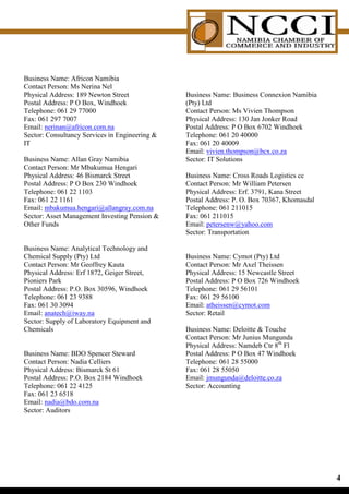 Business Name: Africon Namibia
Contact Person: Ms Nerina Nel
Physical Address: 189 Newton Street             Business Name: Business Connexion Namibia
Postal Address: P O Box, Windhoek               (Pty) Ltd
Telephone: 061 29 77000                         Contact Person: Ms Vivien Thompson
Fax: 061 297 7007                               Physical Address: 130 Jan Jonker Road
Email: nerinan@africon.com.na                   Postal Address: P O Box 6702 Windhoek
Sector: Consultancy Services in Engineering    Telephone: 061 20 40000
IT                                              Fax: 061 20 40009
                                                Email: vivien.thompson@bcx.co.za
Business Name: Allan Gray Namibia               Sector: IT Solutions
Contact Person: Mr Mbakumua Hengari
Physical Address: 46 Bismarck Street            Business Name: Cross Roads Logistics cc
Postal Address: P O Box 230 Windhoek            Contact Person: Mr William Petersen
Telephone: 061 22 1103                          Physical Address: Erf. 3791, Kana Street
Fax: 061 22 1161                                Postal Address: P. O. Box 70367, Khomasdal
Email: mbakumua.hengari@allangray.com.na        Telephone: 061 211015
Sector: Asset Management Investing Pension     Fax: 061 211015
Other Funds                                     Email: petersenw@yahoo.com
                                                Sector: Transportation

Business Name: Analytical Technology and
Chemical Supply (Pty) Ltd                       Business Name: Cymot (Pty) Ltd
Contact Person: Mr Geoffrey Kauta               Contact Person: Mr Axel Theissen
Physical Address: Erf 1872, Geiger Street,      Physical Address: 15 Newcastle Street
Pioniers Park                                   Postal Address: P O Box 726 Windhoek
Postal Address: P.O. Box 30596, Windhoek        Telephone: 061 29 56101
Telephone: 061 23 9388                          Fax: 061 29 56100
Fax: 061 30 3094                                Email: atheissen@cymot.com
Email: anatech@iway.na                          Sector: Retail
Sector: Supply of Laboratory Equipment and
Chemicals                                       Business Name: Deloitte  Touche
                                                Contact Person: Mr Junius Mungunda
                                                Physical Address: Namdeb Ctr 8th Fl
Business Name: BDO Spencer Steward              Postal Address: P O Box 47 Windhoek
Contact Person: Nadia Celliers                  Telephone: 061 28 55000
Physical Address: Bismarck St 61                Fax: 061 28 55050
Postal Address: P.O. Box 2184 Windhoek          Email: jmungunda@deloitte.co.za
Telephone: 061 22 4125                          Sector: Accounting
Fax: 061 23 6518
Email: nadia@bdo.com.na
Sector: Auditors




                                                                                             
 