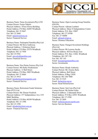 Business Name: Naras Investment (Pty) LTD      Business Name: Open Learning Group Namibia
Contact Person: Festus Naholo                  (OLGN)
Physical Address: 1Floor Eluwa Building        Contact Person: Adriaan Lambert
Postal Address: P O Box 26495 Windhoek         Physical Address: Shop 18 Independence Centre
Telephone: 061 23 9647                         Postal Address: P.O. Box 15007
Fax: 061 22 2668                               Telephone: 061 27 54700
Email: narasinv@iway.na                        Fax: 061 27 54090
Sector: Financial Service                      Email: adriaanL@tgi.na
                                               Sector: Distance Education
Business Name: Nedcapital Namibia (Pty) Ltd
Contact Person: Mr Steve Galloway              Business Name: Paragon Investment Holdings
Physical Address: 3 Schutzen Street            (Pty) Ltd
Postal Address: P O Box 25576 Windhoek         Contact Person: Mr Lazarus Jacobs
Telephone: 061 22 7950                         Physical Address: 40 Eros Road, Eros
Fax: 061 25 9701                               Postal Address: P.O. Box 11602, Windhoek
Email: steve@nibnamibia.com                    Telephone: 061 387 130
Sector: Financial Service                      Fax: 061 387 143
                                               Email: laz@paragonnamibia.com
                                               Sector: Investments
Business Name: Neo Paints Factory (Pty) Ltd
Contact Person: Mr Heiko Niedermeier           Business Name: Roads Authority
Physical Address: 12 Bell Street               Contact Person: Mr. Erastus Ikela
Postal Address: P O Box 5005 Windhoek          Physical Address: Bell Street
Telephone: 061 22 4666                         Postal Address: P/Bag 12030
Fax: 061 23 3914                               Telephone: 061 284 7000
Email: hniedermeier@neopaints.com              Fax: 061 23 5325
Sector: Financial Service                      Email: ikelae@ra.org.na
                                               Sector: Road Infrastructure

Business Name: Retirement Funds Solutions      Business Name: Sat-Com (Pty) Ltd
Nam (PTY) Ltd                                  Contact Person: Mr Stefan Goike
Contact Person: Mr Tilman Friedrich            Physical Address: 2 Jakaranda Street
Physical Address: 277 Independence Ave. 8 Fl   Postal Address: P O Box 22951 Windhoek
MZ Building                                   Telephone: 061 37 4700
Postal Address: P O Box 80349 Windhoek         Fax: 061 25 2869
Telephone: 061 23 1590                         Email: stefan@satcom.namib.com
Fax: 061 23 1598                               Sector: Service Business
Email: tfriedrich@rfsol.com.na
Sector: Financial Services




                                                                                               
 