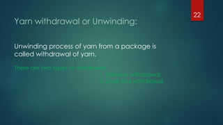 Yarn withdrawal or Unwinding:
22
Unwinding process of yarn from a package is
called withdrawal of yarn.
There are two types of withdrawal:
1. Sideway withdrawal.
2. Over end withdrawal.
 