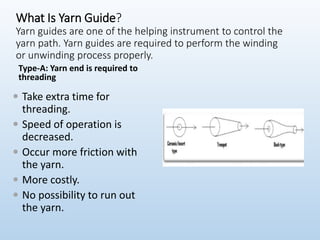 What Is Yarn Guide?
Yarn guides are one of the helping instrument to control the
yarn path. Yarn guides are required to perform the winding
or unwinding process properly.
Type-A: Yarn end is required to
threading
 Take extra time for
threading.
 Speed of operation is
decreased.
 Occur more friction with
the yarn.
 More costly.
 No possibility to run out
the yarn.
 