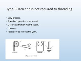 Type-B:Yarn end is not required to threading.
• Easy process.
• Speed of operation is increased.
• Occur less friction with the yarn.
• Low cost.
• Possibility to run out the yarn.
 