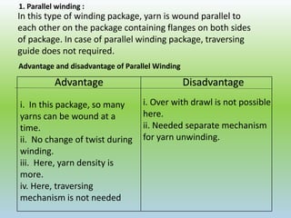 1. Parallel winding :
In this type of winding package, yarn is wound parallel to
each other on the package containing flanges on both sides
of package. In case of parallel winding package, traversing
guide does not required.
Advantage and disadvantage of Parallel Winding
i. In this package, so many
yarns can be wound at a
time.
ii. No change of twist during
winding.
iii. Here, yarn density is
more.
iv. Here, traversing
mechanism is not needed
Advantage Disadvantage
i. Over with drawl is not possible
here.
ii. Needed separate mechanism
for yarn unwinding.
 