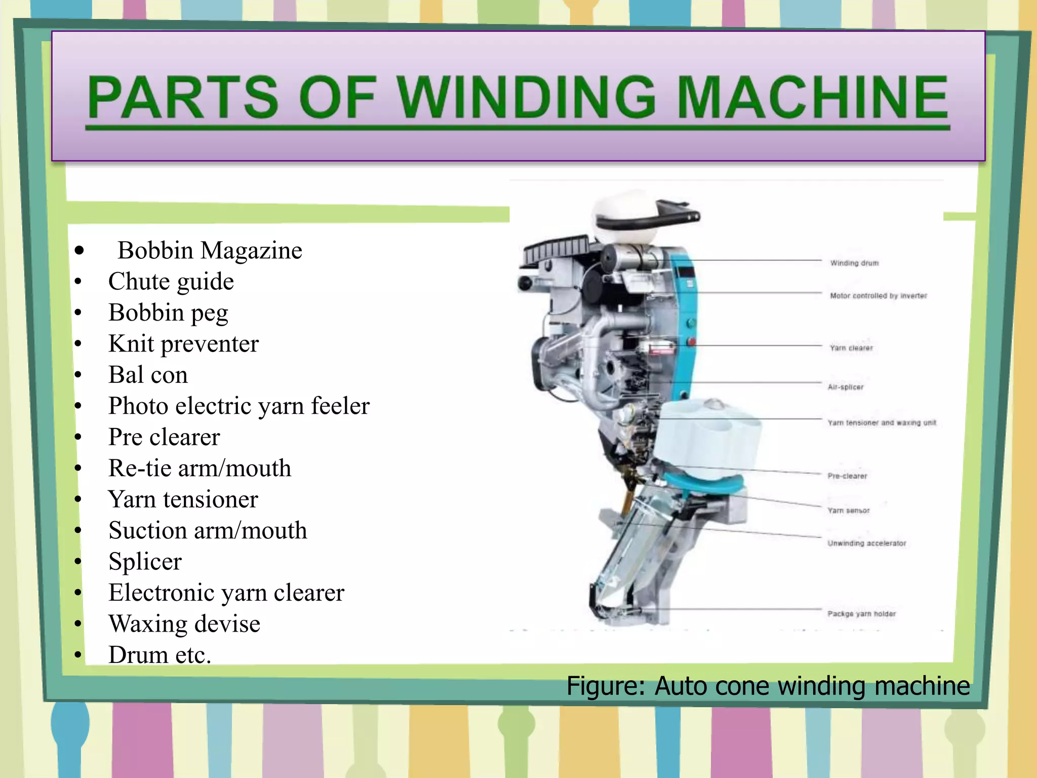 • Bobbin Magazine
• Chute guide
• Bobbin peg
• Knit preventer
• Bal con
• Photo electric yarn feeler
• Pre clearer
• Re-tie arm/mouth
• Yarn tensioner
• Suction arm/mouth
• Splicer
• Electronic yarn clearer
• Waxing devise
• Drum etc.
Figure: Auto cone winding machine
 
