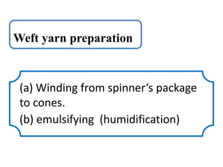 Weft yarn preparation
(a) Winding from spinner‘s package
to cones.
(b) emulsifying (humidification)
 