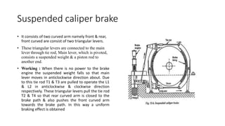 Suspended caliper brake
• It consists of two curved arm namely front & rear,
front curved are consist of two triangular levers.
• These triangular levers are connected to the main
lever through tie rod, Main lever, which is pivoted,
consists a suspended weight & a piston rod to
another end.
• Working : When there is no power to the brake
engine the suspended weight falls so that main
lever moves in anticlockwise direction about. Due
to this tie rod T1 & T3 are pulled to operate the L1
& L2 in anticlockwise & clockwise direction
respectively. These triangular levers pull the tie rod
T2 & T4 so that rear curved arm is closed to the
brake path & also pushes the front curved arm
towards the brake path. In this way a uniform
braking effect is obtained
 