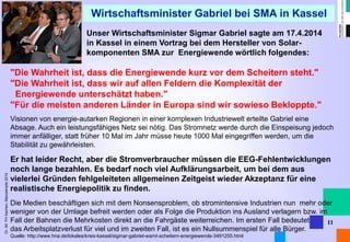 Dr. Alt FH Aachen, Manuskripte 2014 
11 
Unser Wirtschaftsminister Sigmar Gabriel sagte am 17.4.2014 in Kassel in einem Vortrag bei dem Hersteller von Solar- komponenten SMA zur Energiewende wörtlich folgendes: 
"Die Wahrheit ist, dass die Energiewende kurz vor dem Scheitern steht." 
"Die Wahrheit ist, dass wir auf allen Feldern die Komplexität der Energiewende unterschätzt haben." 
"Für die meisten anderen Länder in Europa sind wir sowieso Bekloppte." 
Visionen von energie-autarken Regionen in einer komplexen Industriewelt erteilte Gabriel eine Absage. Auch ein leistungsfähiges Netz sei nötig. Das Stromnetz werde durch die Einspeisung jedoch immer anfälliger, statt früher 10 Mal im Jahr müsse heute 1000 Mal eingegriffen werden, um die Stabilität zu gewährleisten. 
Er hat leider Recht, aber die Stromverbraucher müssen die EEG-Fehlentwicklungen noch lange bezahlen. Es bedarf noch viel Aufklärungsarbeit, um bei dem aus vielerlei Gründen fehlgeleiteten allgemeinen Zeitgeist wieder Akzeptanz für eine realistische Energiepolitik zu finden. 
Die Medien beschäftigen sich mit dem Nonsensproblem, ob stromintensive Industrien nun mehr oder weniger von der Umlage befreit werden oder als Folge die Produktion ins Ausland verlagern bzw. im Fall der Bahnen die Mehrkosten direkt an die Fahrgäste weiterreichen. Im ersten Fall bedeutet 
das Arbeitsplatzverlust für viel und im zweiten Fall, ist es ein Nullsummenspiel für alle Bürger. 
Quelle: http://www.hna.de/lokales/kreis-kassel/sigmar-gabriel-warnt-scheitern-energiewende-3491255.html 
Wirtschaftsminister Gabriel bei SMA in Kassel  