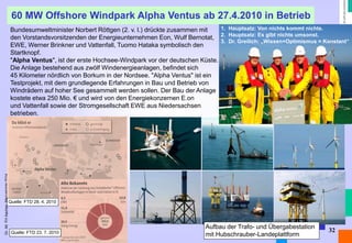 Dr. Alt FH Aachen, Manuskripte 2014 
32 
60 MW Offshore Windpark Alpha Ventus ab 27.4.2010 in Betrieb 
Bundesumweltminister Norbert Röttgen (2. v. l.) drückte zusammen mit den Vorstandsvorsitzenden der Energieunternehmen Eon, Wulf Bernotat, EWE, Werner Brinkner und Vattenfall, Tuomo Hataka symbolisch den Startknopf. "Alpha Ventus", ist der erste Hochsee-Windpark vor der deutschen Küste. Die Anlage bestehend aus zwölf Windenergieanlagen, befindet sich 45 Kilometer nördlich von Borkum in der Nordsee. "Alpha Ventus" ist ein Testprojekt, mit dem grundlegende Erfahrungen in Bau und Betrieb von Windrädern auf hoher See gesammelt werden sollen. Der Bau der Anlage kostete etwa 250 Mio. € und wird von den Energiekonzernen E.on und Vattenfall sowie der Stromgesellschaft EWE aus Niedersachsen betrieben. 
Aufbau der Trafo- und Übergabestation 
mit Hubschrauber-Landeplattform 
Quelle: FTD 28. 4. 2010 
Quelle: FTD 23. 7. 2010 
1. Hauptsatz: Von nichts kommt nichts. 
2. Hauptsatz: Es gibt nichts umsonst. 
3. Dr. Greilich: „Wissen+Optimismus = Konstant“  