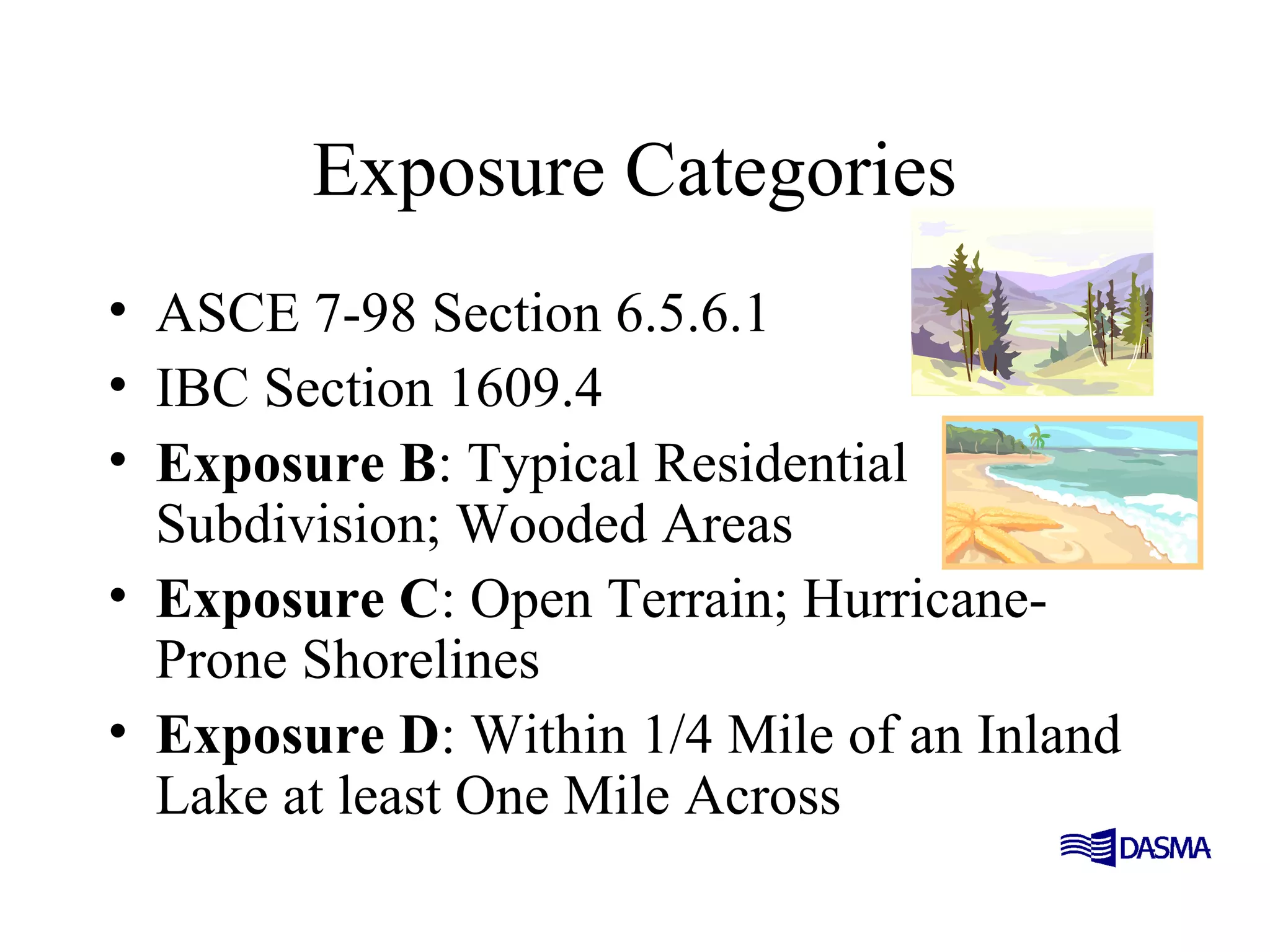 Exposure Categories
• ASCE 7-98 Section 6.5.6.1
• IBC Section 1609.4
• Exposure B: Typical Residential
Subdivision; Wooded Areas
• Exposure C: Open Terrain; Hurricane-
Prone Shorelines
• Exposure D: Within 1/4 Mile of an Inland
Lake at least One Mile Across
 