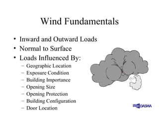Wind Fundamentals
• Inward and Outward Loads
• Normal to Surface
• Loads Influenced By:
– Geographic Location
– Exposure Condition
– Building Importance
– Opening Size
– Opening Protection
– Building Configuration
– Door Location
 