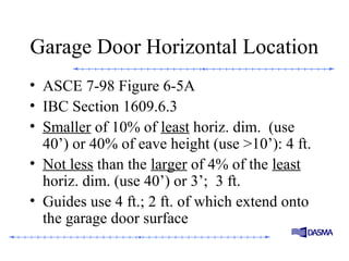 Garage Door Horizontal Location
• ASCE 7-98 Figure 6-5A
• IBC Section 1609.6.3
• Smaller of 10% of least horiz. dim. (use
40’) or 40% of eave height (use >10’): 4 ft.
• Not less than the larger of 4% of the least
horiz. dim. (use 40’) or 3’; 3 ft.
• Guides use 4 ft.; 2 ft. of which extend onto
the garage door surface
 