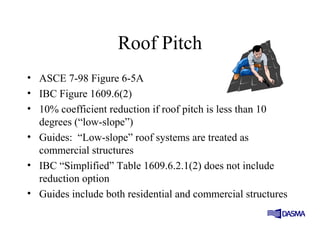 Roof Pitch
• ASCE 7-98 Figure 6-5A
• IBC Figure 1609.6(2)
• 10% coefficient reduction if roof pitch is less than 10
degrees (“low-slope”)
• Guides: “Low-slope” roof systems are treated as
commercial structures
• IBC “Simplified” Table 1609.6.2.1(2) does not include
reduction option
• Guides include both residential and commercial structures
 