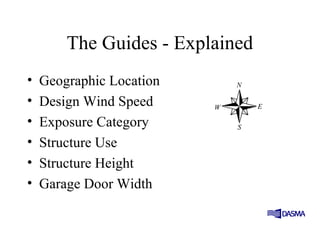 The Guides - Explained
• Geographic Location
• Design Wind Speed
• Exposure Category
• Structure Use
• Structure Height
• Garage Door Width
 