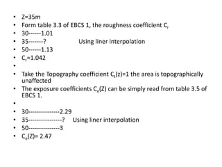 • Calculation of Cpe and Cpi
• Using Appendix A of section A.2.4 of EBCS 1
h=35m
α=tan-(5/24)= 11.770
 