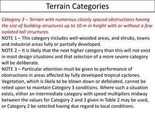 Category 3 – Terrain with numerous closely spaced obstructions having
the size of building-structures up to 10 m in height with or without a few
isolated tall structures.
NOTE 1 – This category includes well-wooded areas, and shrubs, towns
and industrial areas fully or partially developed.
NOTE 2 – It is likely that the next higher category than this will not exist
in most design situations and that selection of a more severe category
will be deliberate.
NOTE 3 – Particular attention must be given to performance of
obstructions in areas affected by fully developed tropical cyclones.
Vegetation, which is likely to be blown down or defoliated, cannot be
relied upon to maintain Category 3 conditions. Where such a situation
exists, either an intermediate category with speed multipliers midway
between the values for Category 2 and 3 given in Table 2 may be used,
or Category 2 be selected having due regard to local conditions.
Terrain Categories
 