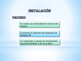Se realiza una comprobación rutinaria del
sistema
Se prepara el asistente de instalación de
Windows 95
Se comprueba la opción de actualización,
buscando Windows 3.XX en el disco
 