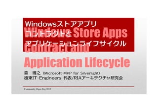 Windows Store Apps
Contract and
Application Lifecycle
森 博之 (Microsoft MVP for Silverlight)
極東IT-Engineers 代表/RIAアーキテクチャ研究会
Windowsストアアプリ
コントラクトと
アプリケーションライフサイクル
Community Open Day 2013
 