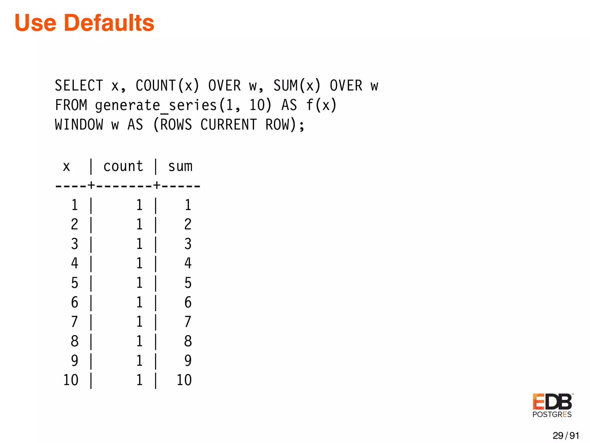 Use Defaults SELECT x, COUNT(x) OVER w, SUM(x) OVER w FROM generate_series(1, 10) AS f(x) WINDOW w AS (ROWS CURRENT ROW); x | count | sum ----+-------+----- 1 | 1 | 1 2 | 1 | 2 3 | 1 | 3 4 | 1 | 4 5 | 1 | 5 6 | 1 | 6 7 | 1 | 7 8 | 1 | 8 9 | 1 | 9 10 | 1 | 10 29 / 91 