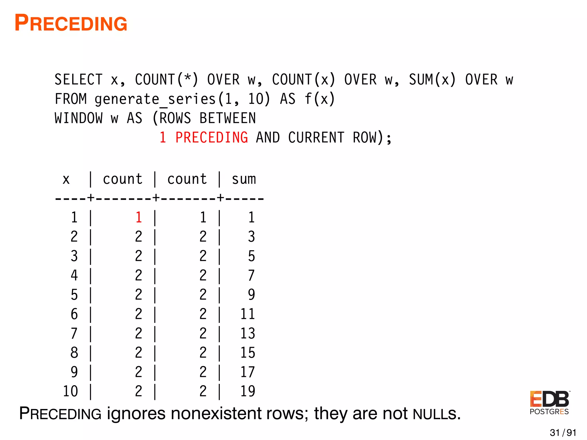 PRECEDING SELECT x, COUNT(*) OVER w, COUNT(x) OVER w, SUM(x) OVER w FROM generate_series(1, 10) AS f(x) WINDOW w AS (ROWS BETWEEN 1 PRECEDING AND CURRENT ROW); x | count | count | sum ----+-------+-------+----- 1 | 1 | 1 | 1 2 | 2 | 2 | 3 3 | 2 | 2 | 5 4 | 2 | 2 | 7 5 | 2 | 2 | 9 6 | 2 | 2 | 11 7 | 2 | 2 | 13 8 | 2 | 2 | 15 9 | 2 | 2 | 17 10 | 2 | 2 | 19 PRECEDING ignores nonexistent rows; they are not NULLs. 31 / 91 