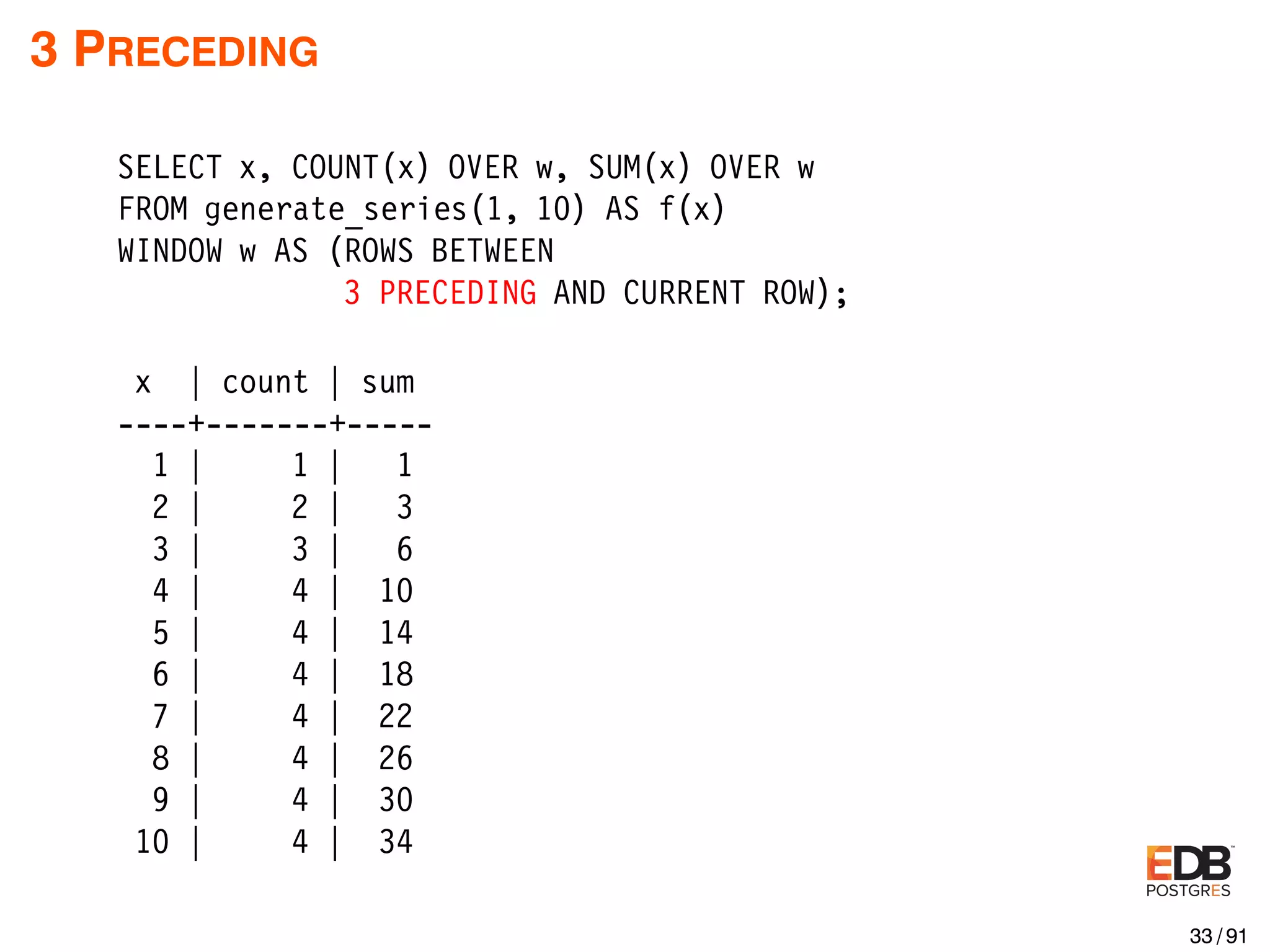 3 PRECEDING SELECT x, COUNT(x) OVER w, SUM(x) OVER w FROM generate_series(1, 10) AS f(x) WINDOW w AS (ROWS BETWEEN 3 PRECEDING AND CURRENT ROW); x | count | sum ----+-------+----- 1 | 1 | 1 2 | 2 | 3 3 | 3 | 6 4 | 4 | 10 5 | 4 | 14 6 | 4 | 18 7 | 4 | 22 8 | 4 | 26 9 | 4 | 30 10 | 4 | 34 33 / 91 