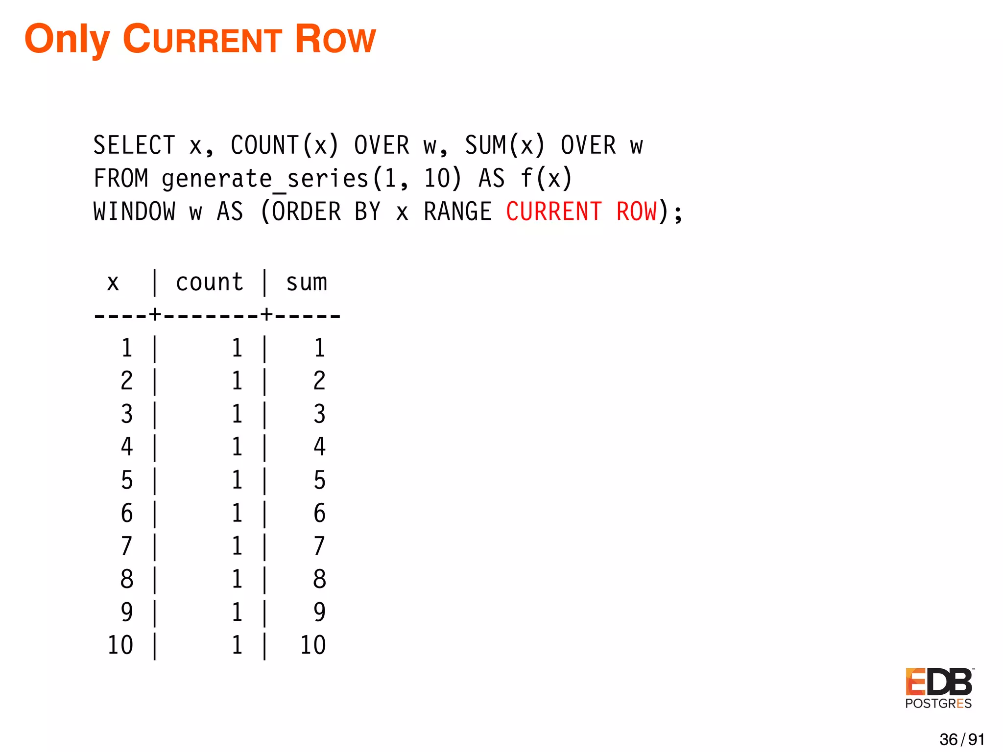 Only CURRENT ROW SELECT x, COUNT(x) OVER w, SUM(x) OVER w FROM generate_series(1, 10) AS f(x) WINDOW w AS (ORDER BY x RANGE CURRENT ROW); x | count | sum ----+-------+----- 1 | 1 | 1 2 | 1 | 2 3 | 1 | 3 4 | 1 | 4 5 | 1 | 5 6 | 1 | 6 7 | 1 | 7 8 | 1 | 8 9 | 1 | 9 10 | 1 | 10 36 / 91 