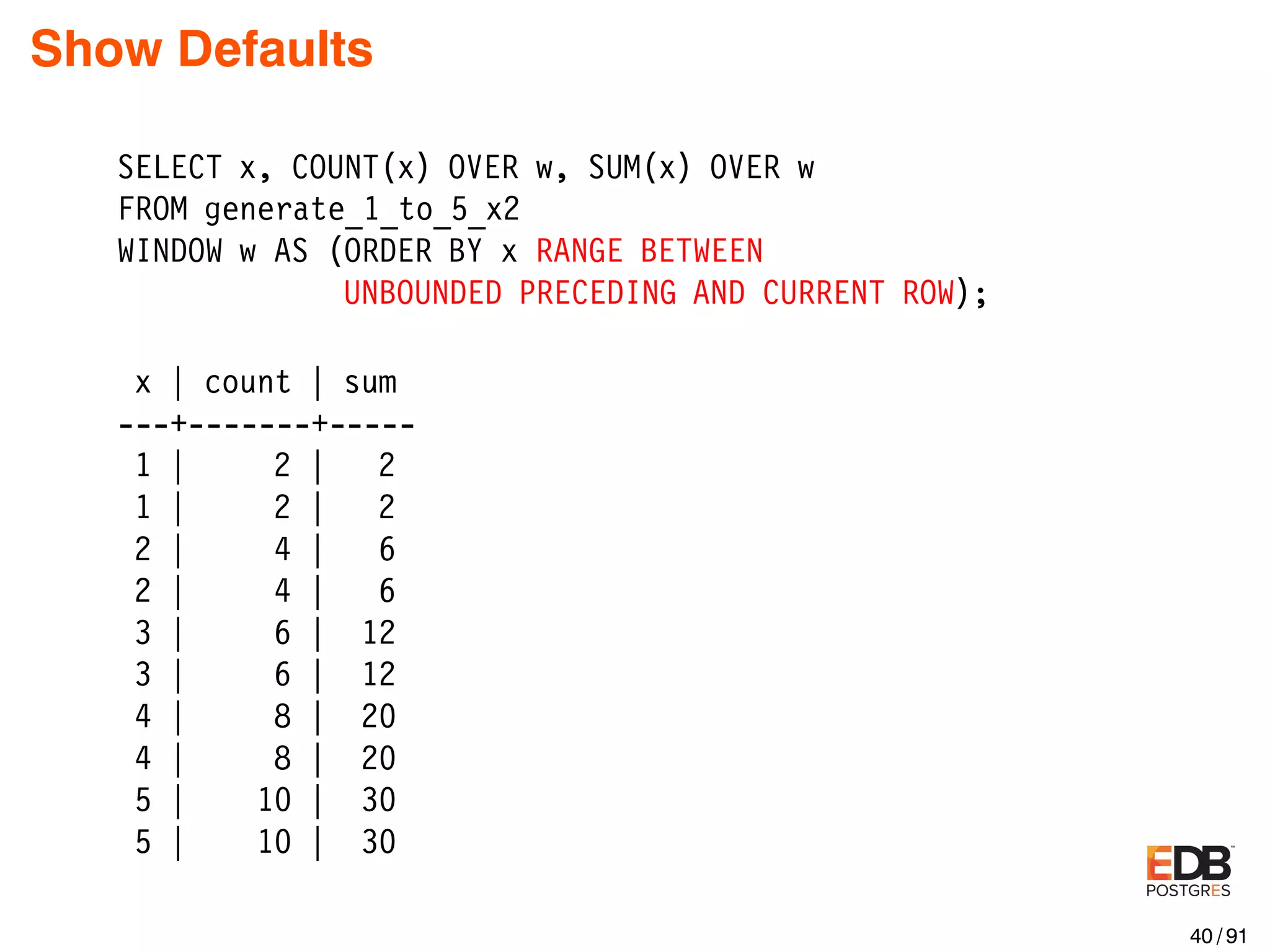 Show Defaults SELECT x, COUNT(x) OVER w, SUM(x) OVER w FROM generate_1_to_5_x2 WINDOW w AS (ORDER BY x RANGE BETWEEN UNBOUNDED PRECEDING AND CURRENT ROW); x | count | sum ---+-------+----- 1 | 2 | 2 1 | 2 | 2 2 | 4 | 6 2 | 4 | 6 3 | 6 | 12 3 | 6 | 12 4 | 8 | 20 4 | 8 | 20 5 | 10 | 30 5 | 10 | 30 40 / 91 