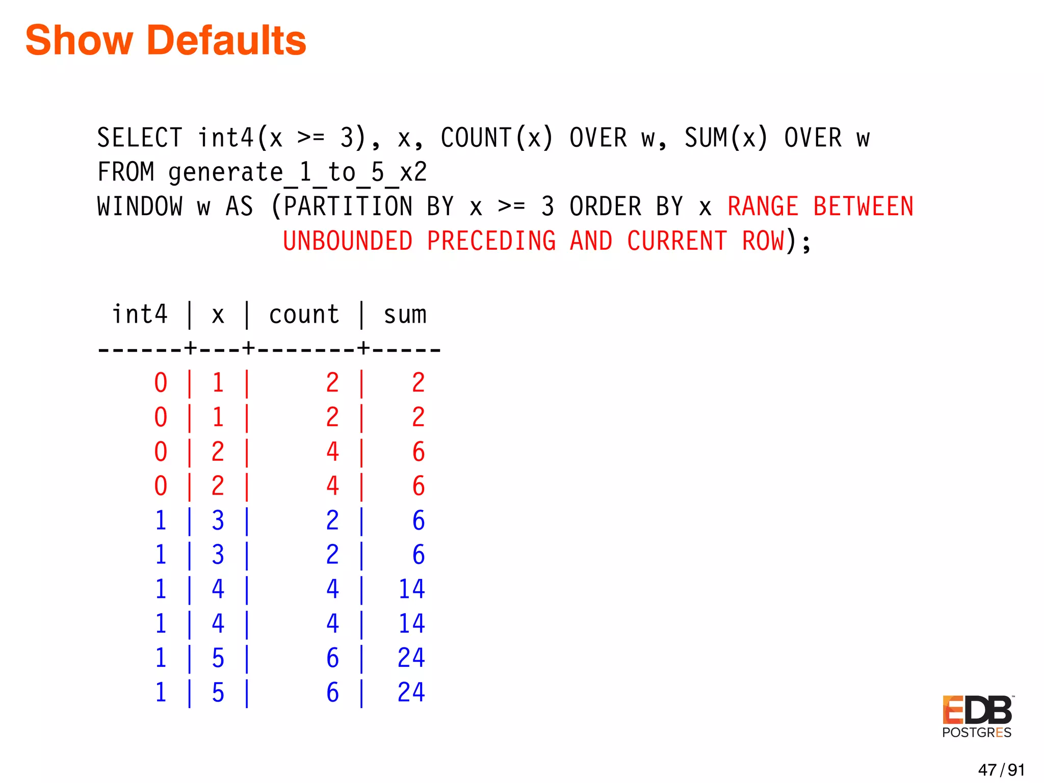 Show Defaults SELECT int4(x >= 3), x, COUNT(x) OVER w, SUM(x) OVER w FROM generate_1_to_5_x2 WINDOW w AS (PARTITION BY x >= 3 ORDER BY x RANGE BETWEEN UNBOUNDED PRECEDING AND CURRENT ROW); int4 | x | count | sum ------+---+-------+----- 0 | 1 | 2 | 2 0 | 1 | 2 | 2 0 | 2 | 4 | 6 0 | 2 | 4 | 6 1 | 3 | 2 | 6 1 | 3 | 2 | 6 1 | 4 | 4 | 14 1 | 4 | 4 | 14 1 | 5 | 6 | 24 1 | 5 | 6 | 24 47 / 91 