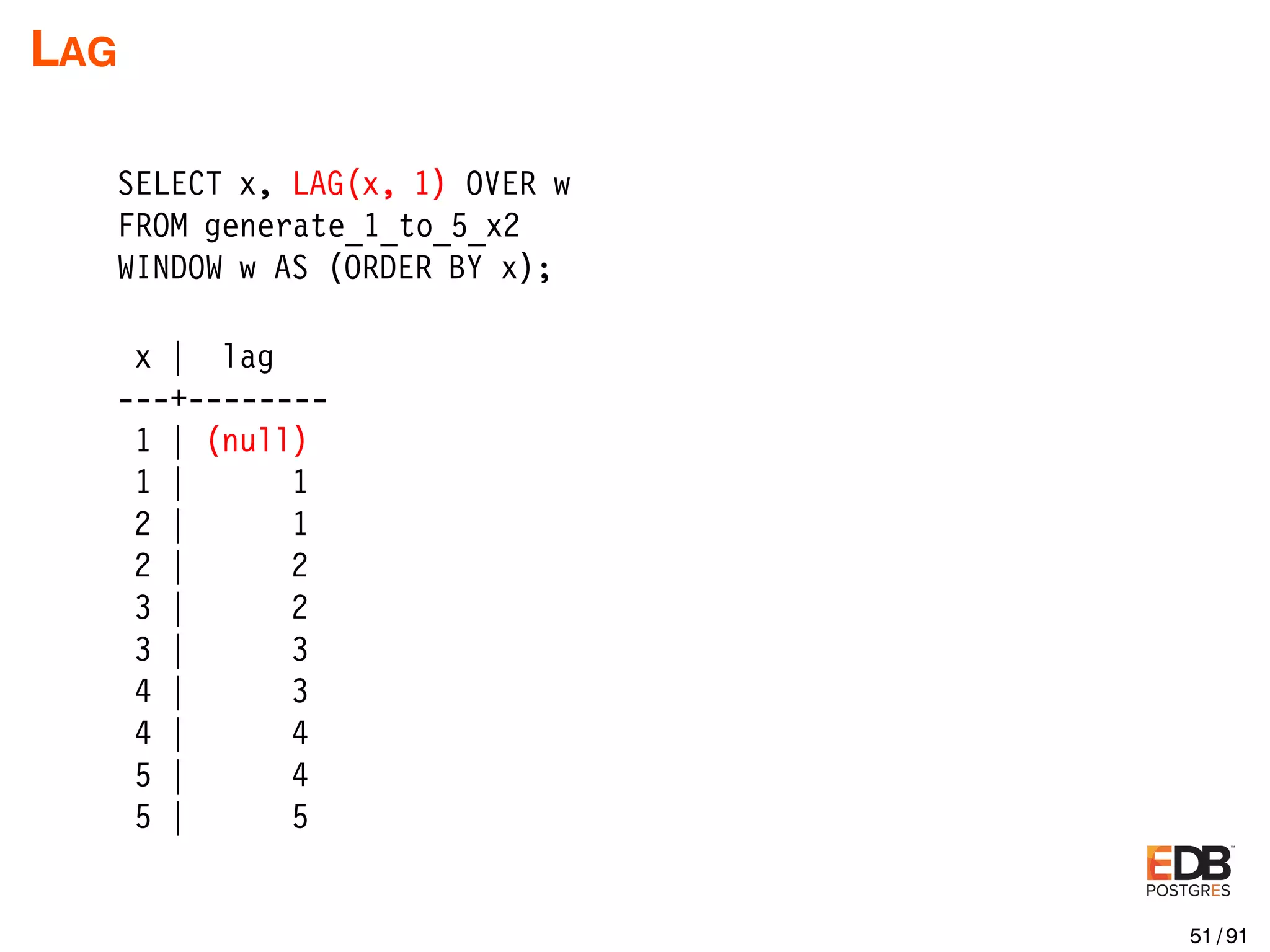 LAG SELECT x, LAG(x, 1) OVER w FROM generate_1_to_5_x2 WINDOW w AS (ORDER BY x); x | lag ---+-------- 1 | (null) 1 | 1 2 | 1 2 | 2 3 | 2 3 | 3 4 | 3 4 | 4 5 | 4 5 | 5 51 / 91 
