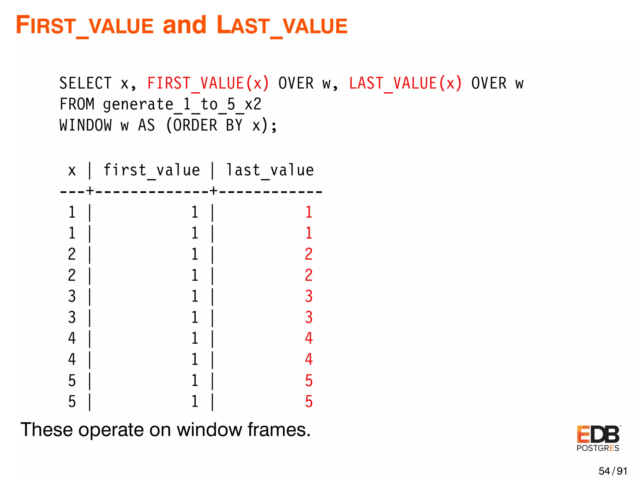 FIRST_VALUE and LAST_VALUE SELECT x, FIRST_VALUE(x) OVER w, LAST_VALUE(x) OVER w FROM generate_1_to_5_x2 WINDOW w AS (ORDER BY x); x | first_value | last_value ---+-------------+------------ 1 | 1 | 1 1 | 1 | 1 2 | 1 | 2 2 | 1 | 2 3 | 1 | 3 3 | 1 | 3 4 | 1 | 4 4 | 1 | 4 5 | 1 | 5 5 | 1 | 5 These operate on window frames. 54 / 91 