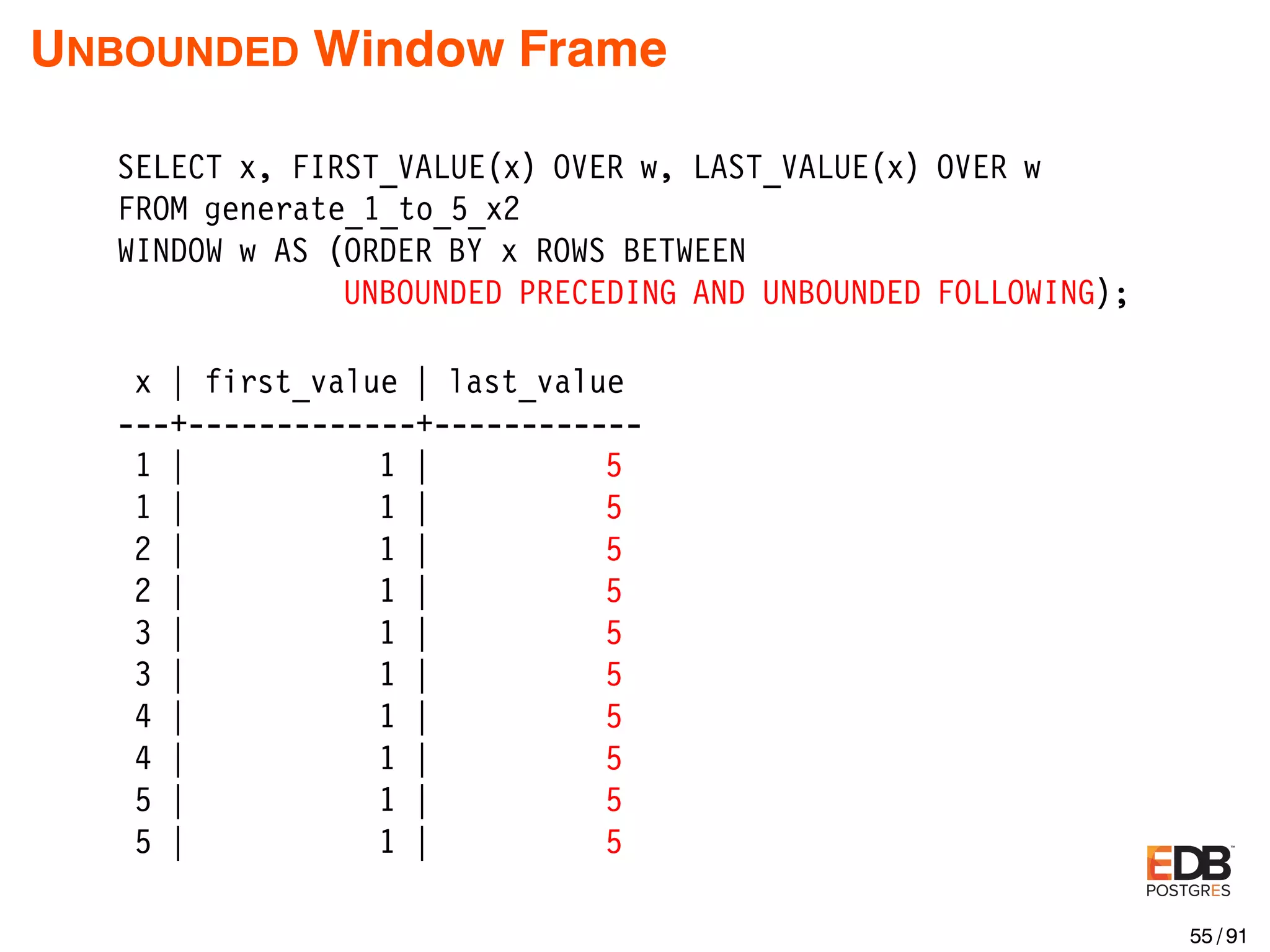 UNBOUNDED Window Frame SELECT x, FIRST_VALUE(x) OVER w, LAST_VALUE(x) OVER w FROM generate_1_to_5_x2 WINDOW w AS (ORDER BY x ROWS BETWEEN UNBOUNDED PRECEDING AND UNBOUNDED FOLLOWING); x | first_value | last_value ---+-------------+------------ 1 | 1 | 5 1 | 1 | 5 2 | 1 | 5 2 | 1 | 5 3 | 1 | 5 3 | 1 | 5 4 | 1 | 5 4 | 1 | 5 5 | 1 | 5 5 | 1 | 5 55 / 91 