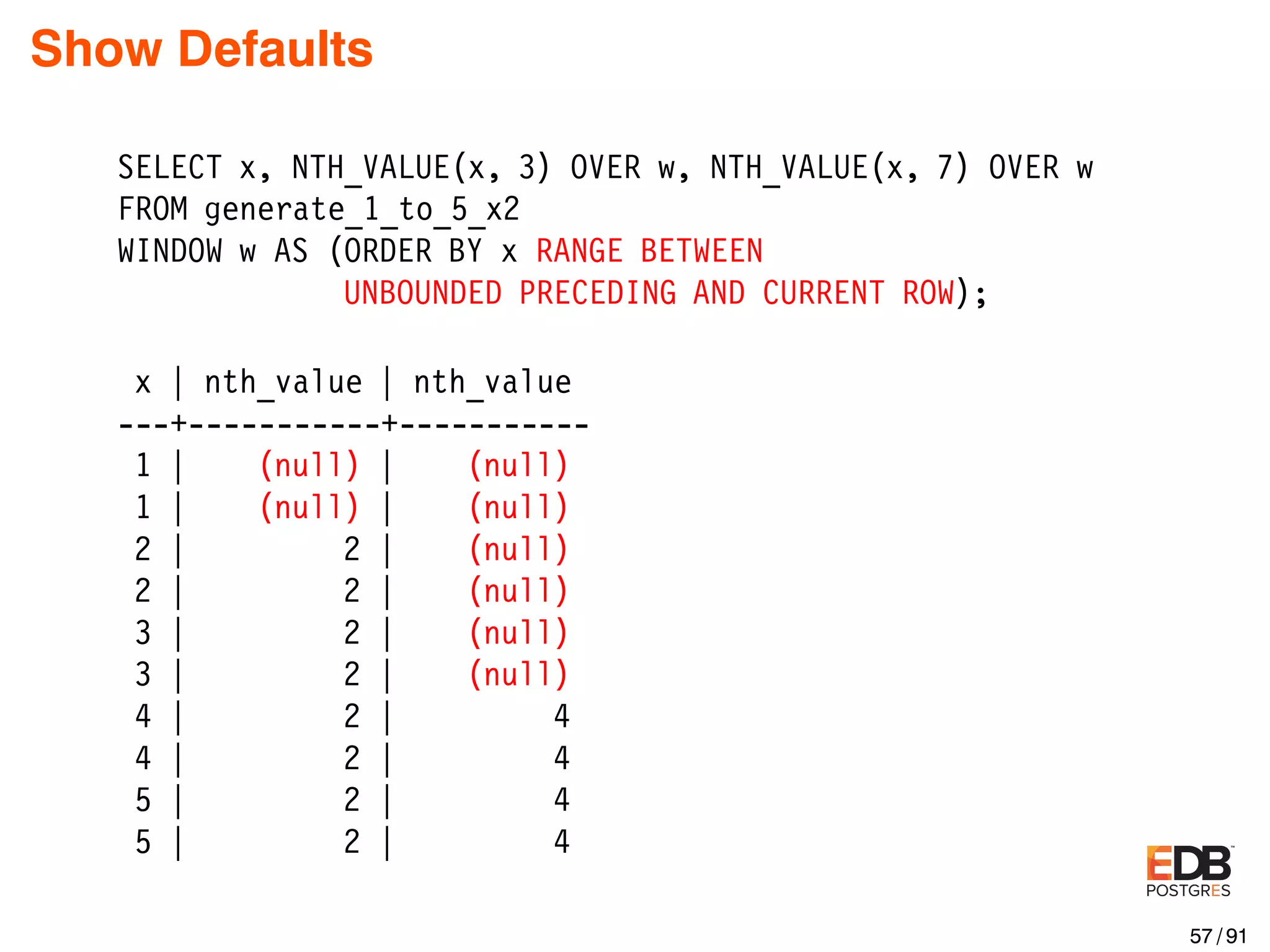 Show Defaults SELECT x, NTH_VALUE(x, 3) OVER w, NTH_VALUE(x, 7) OVER w FROM generate_1_to_5_x2 WINDOW w AS (ORDER BY x RANGE BETWEEN UNBOUNDED PRECEDING AND CURRENT ROW); x | nth_value | nth_value ---+-----------+----------- 1 | (null) | (null) 1 | (null) | (null) 2 | 2 | (null) 2 | 2 | (null) 3 | 2 | (null) 3 | 2 | (null) 4 | 2 | 4 4 | 2 | 4 5 | 2 | 4 5 | 2 | 4 57 / 91 