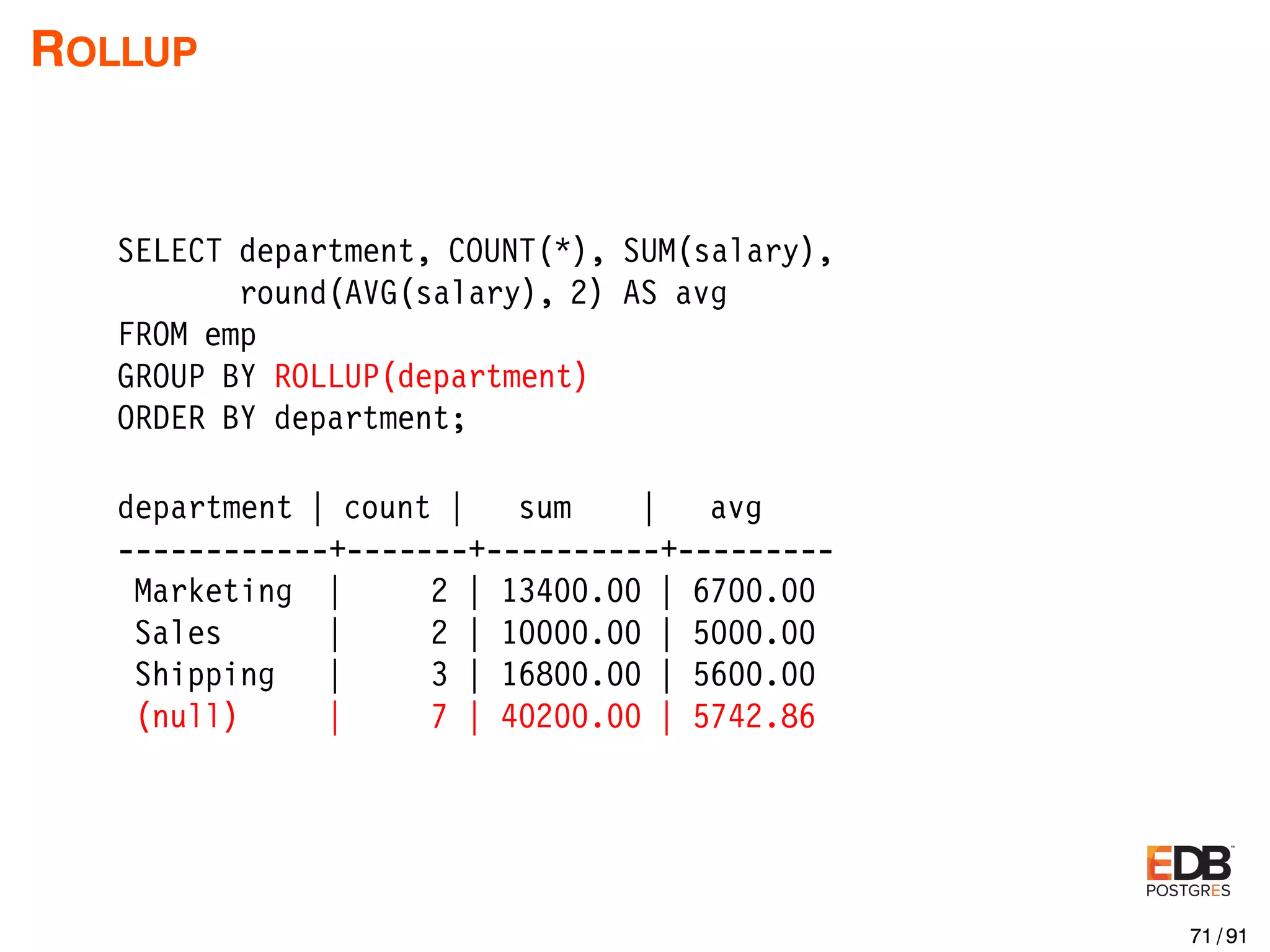 ROLLUP SELECT department, COUNT(*), SUM(salary), round(AVG(salary), 2) AS avg FROM emp GROUP BY ROLLUP(department) ORDER BY department; department | count | sum | avg ------------+-------+----------+--------- Marketing | 2 | 13400.00 | 6700.00 Sales | 2 | 10000.00 | 5000.00 Shipping | 3 | 16800.00 | 5600.00 (null) | 7 | 40200.00 | 5742.86 71 / 91 