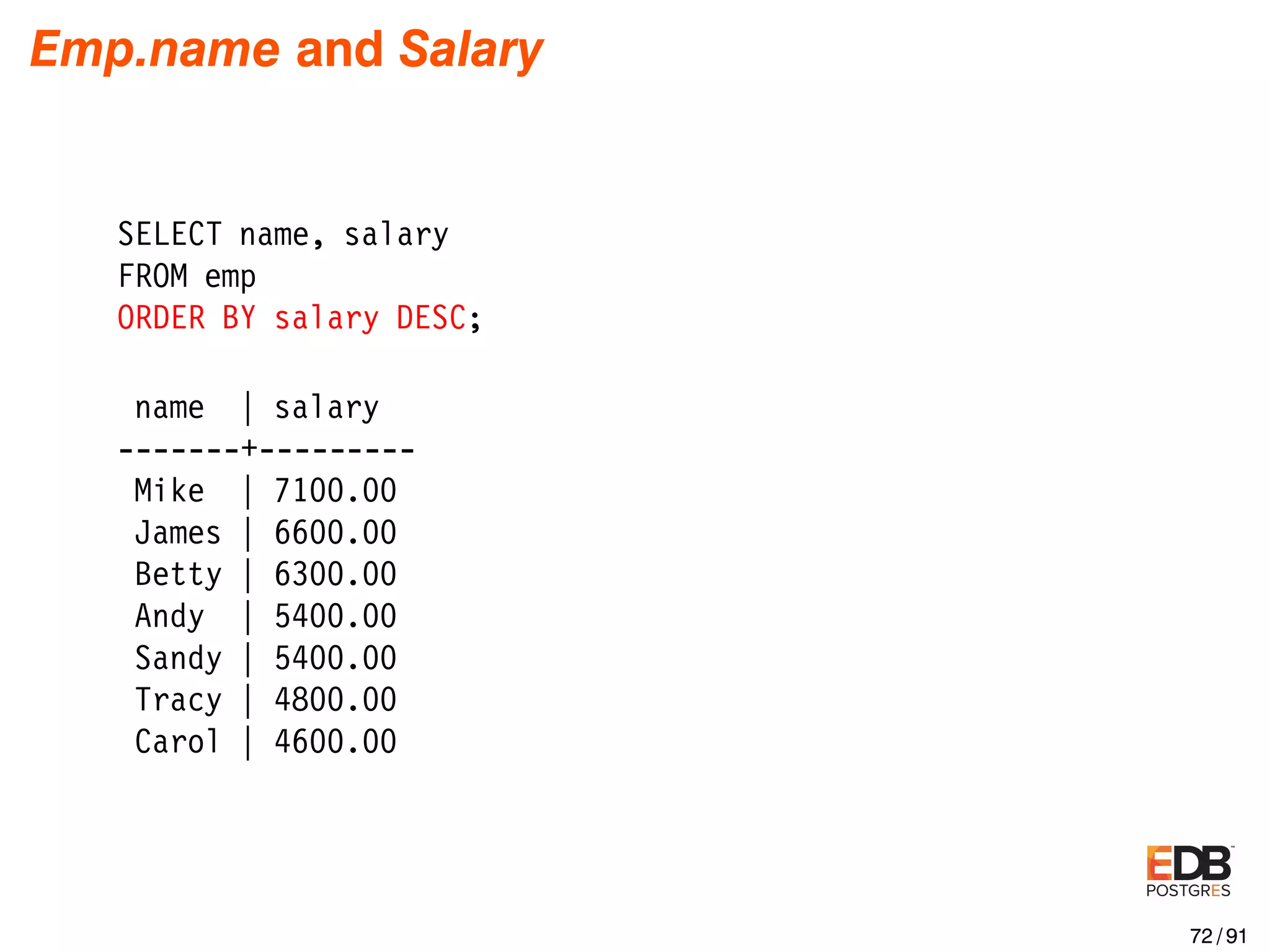 Emp.name and Salary SELECT name, salary FROM emp ORDER BY salary DESC; name | salary -------+--------- Mike | 7100.00 James | 6600.00 Betty | 6300.00 Andy | 5400.00 Sandy | 5400.00 Tracy | 4800.00 Carol | 4600.00 72 / 91 