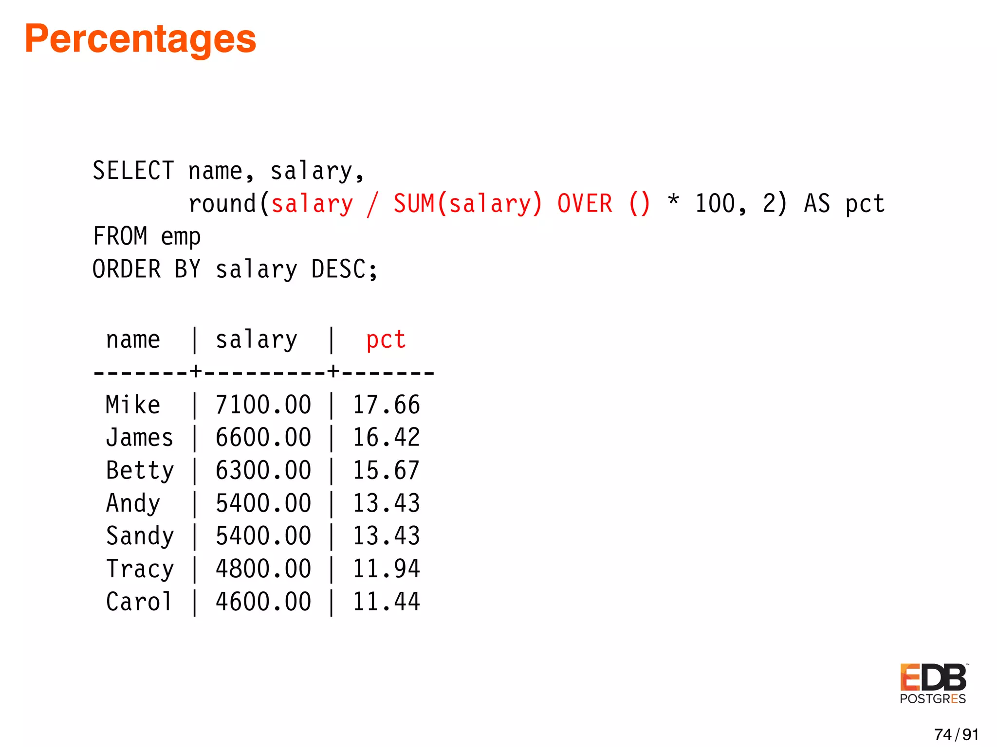 Percentages SELECT name, salary, round(salary / SUM(salary) OVER () * 100, 2) AS pct FROM emp ORDER BY salary DESC; name | salary | pct -------+---------+------- Mike | 7100.00 | 17.66 James | 6600.00 | 16.42 Betty | 6300.00 | 15.67 Andy | 5400.00 | 13.43 Sandy | 5400.00 | 13.43 Tracy | 4800.00 | 11.94 Carol | 4600.00 | 11.44 74 / 91 