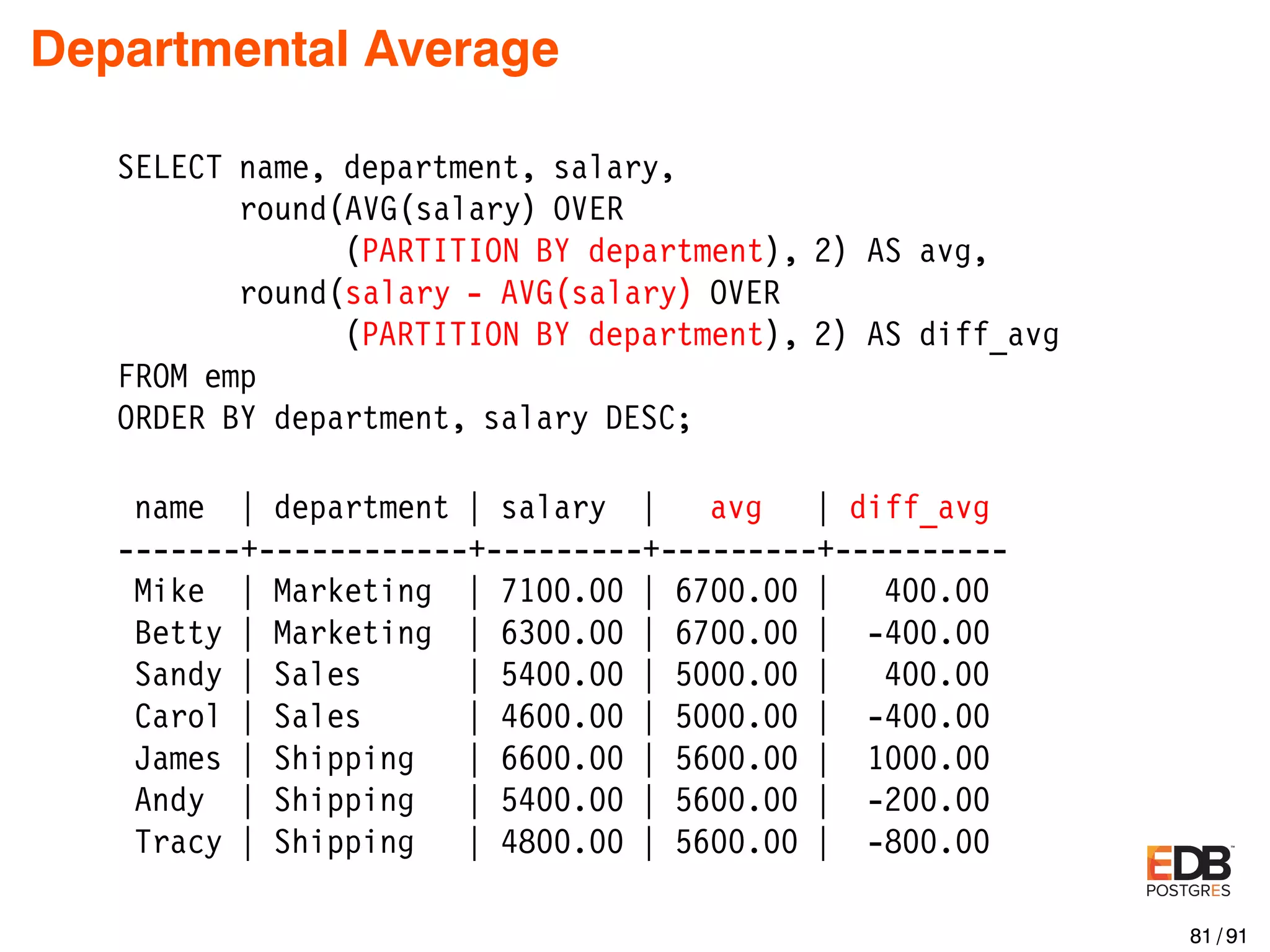 Departmental Average SELECT name, department, salary, round(AVG(salary) OVER (PARTITION BY department), 2) AS avg, round(salary - AVG(salary) OVER (PARTITION BY department), 2) AS diff_avg FROM emp ORDER BY department, salary DESC; name | department | salary | avg | diff_avg -------+------------+---------+---------+---------- Mike | Marketing | 7100.00 | 6700.00 | 400.00 Betty | Marketing | 6300.00 | 6700.00 | -400.00 Sandy | Sales | 5400.00 | 5000.00 | 400.00 Carol | Sales | 4600.00 | 5000.00 | -400.00 James | Shipping | 6600.00 | 5600.00 | 1000.00 Andy | Shipping | 5400.00 | 5600.00 | -200.00 Tracy | Shipping | 4800.00 | 5600.00 | -800.00 81 / 91 