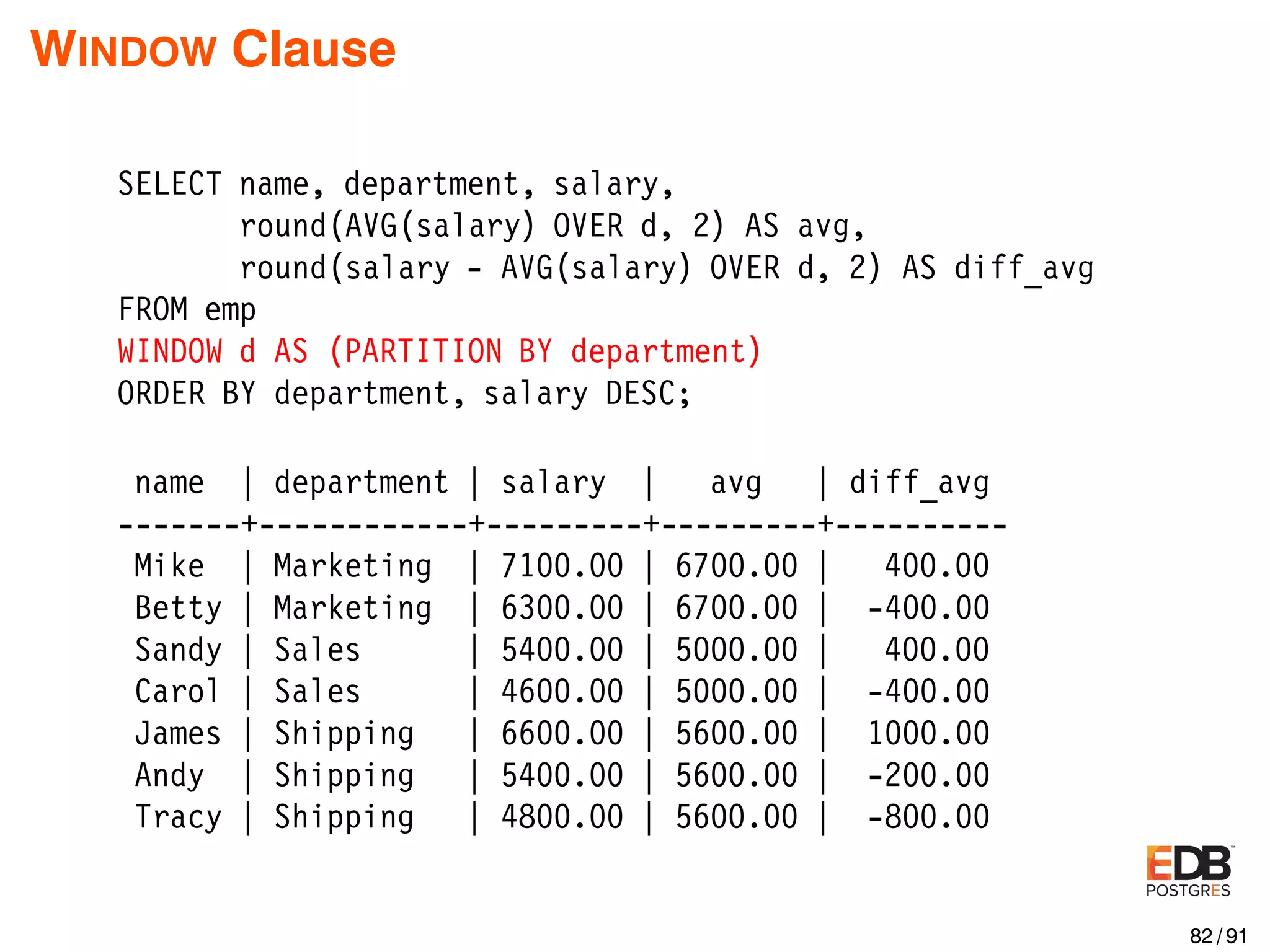WINDOW Clause SELECT name, department, salary, round(AVG(salary) OVER d, 2) AS avg, round(salary - AVG(salary) OVER d, 2) AS diff_avg FROM emp WINDOW d AS (PARTITION BY department) ORDER BY department, salary DESC; name | department | salary | avg | diff_avg -------+------------+---------+---------+---------- Mike | Marketing | 7100.00 | 6700.00 | 400.00 Betty | Marketing | 6300.00 | 6700.00 | -400.00 Sandy | Sales | 5400.00 | 5000.00 | 400.00 Carol | Sales | 4600.00 | 5000.00 | -400.00 James | Shipping | 6600.00 | 5600.00 | 1000.00 Andy | Shipping | 5400.00 | 5600.00 | -200.00 Tracy | Shipping | 4800.00 | 5600.00 | -800.00 82 / 91 
