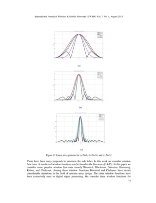 International Journal of Wireless & Mobile Networks (IJWMN) Vol. 7, No. 4, August 2015
74
(a)
(b)
(c)
Figure 15 Linear array patterns for (a) N=8, (b) N=16, and (c) N=32
There have been many proposals to minimize the side lobes. In this work we consider window
functions. A number of window functions can be found in the literatures [14-15]. In this paper we
consider some popular window functions namely Binomial, Blackman, Gaussian, Hamming,
Kaiser, and Chebysev. Among these window functions Binomial and Chebysev have drawn
considerable attentions in the field of antenna array design. The other window functions have
been extensively used in digital signal processing. We consider these window functions for
 