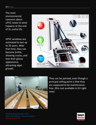 12 | P a g e
Windows Buying Guide – 2017
More Info Follow us : #Smart_window
002 011 00 55 97 20
The main
environmental
concerns about
uPVC relate to what
happens at the end
of its useful life.
UPVC windows are
estimated to last up
to 35 years. After
that time, they can
become brittle,
showing cracks, and
lose their glossy
appearance,
attracting algal
growth.
They can be painted, even though a
principal selling point is that they
are supposed to be maintenance-
free. (this Just available in EU right
now)
 