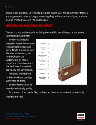 16 | P a g e
Windows Buying Guide – 2017
More Info Follow us : #Smart_window
002 011 00 55 97 20
and is more durable, so tends to be more expensive. Modern timber frames
are engineered to be stronger, meaning they will not warp or bow, and can
also be treated to resist rot and fungus.
What are the advantages of timber?
Timber is a natural material which grows well in our climate. It has some
significant plus points:
Timber is a natural
material. Apart from some
tropical hardwoods and
some North American and
Siberian softwoods, the
timber process is
sustainable. In many
countries, more trees are
planted than harvested,
especially in Scandinavia.
Properly maintained
timber windows can last
100 years or more.
Timber frames can be
mended relatively easily.
At the end of its useful life, timber can be used as an environmentally
friendly bio-fuel.
 