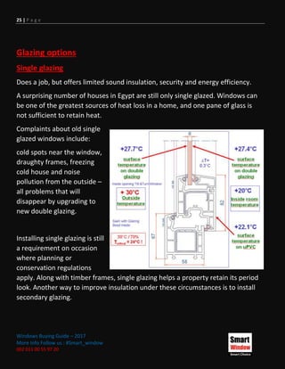 25 | P a g e
Windows Buying Guide – 2017
More Info Follow us : #Smart_window
002 011 00 55 97 20
Glazing options
Single glazing
Does a job, but offers limited sound insulation, security and energy efficiency.
A surprising number of houses in Egypt are still only single glazed. Windows can
be one of the greatest sources of heat loss in a home, and one pane of glass is
not sufficient to retain heat.
Complaints about old single
glazed windows include:
cold spots near the window,
draughty frames, freezing
cold house and noise
pollution from the outside –
all problems that will
disappear by upgrading to
new double glazing.
Installing single glazing is still
a requirement on occasion
where planning or
conservation regulations
apply. Along with timber frames, single glazing helps a property retain its period
look. Another way to improve insulation under these circumstances is to install
secondary glazing.
 