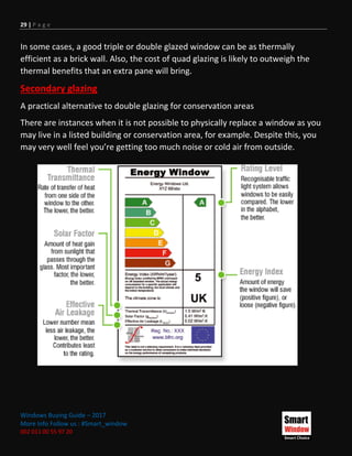 29 | P a g e
Windows Buying Guide – 2017
More Info Follow us : #Smart_window
002 011 00 55 97 20
In some cases, a good triple or double glazed window can be as thermally
efficient as a brick wall. Also, the cost of quad glazing is likely to outweigh the
thermal benefits that an extra pane will bring.
Secondary glazing
A practical alternative to double glazing for conservation areas
There are instances when it is not possible to physically replace a window as you
may live in a listed building or conservation area, for example. Despite this, you
may very well feel you’re getting too much noise or cold air from outside.
 