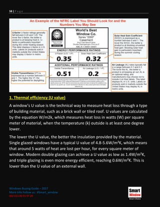 58 | P a g e
Windows Buying Guide – 2017
More Info Follow us : #Smart_window
002 011 00 55 97 20
1. Thermal efficiency (U value)
A window’s U value is the technical way to measure heat loss through a type
of building material, such as a brick wall or tiled roof. U values are calculated
by the equation W/m2k, which measures heat loss in watts (W) per square
meter of material, when the temperature (k) outside is at least one degree
lower.
The lower the U value, the better the insulation provided by the material.
Single glazed windows have a typical U value of 4.8-5.6W/m²K, which means
that around 5 watts of heat are lost per hour, for every square meter of
window. Modern double glazing can achieve a U value as low as 1.4W/m²K,
and triple glazing is even more energy efficient, reaching 0.6W/m²K. This is
lower than the U value of an external wall.
 