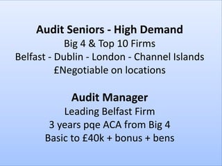 Audit Seniors - High Demand
            Big 4 & Top 10 Firms
Belfast - Dublin - London - Channel Islands
          £Negotiable on locations

            Audit Manager
          Leading Belfast Firm
       3 years pqe ACA from Big 4
      Basic to £40k + bonus + bens
 