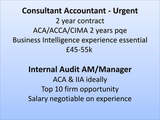 Consultant Accountant - Urgent
             2 year contract
      ACA/ACCA/CIMA 2 years pqe
Business Intelligence experience essential
                 £45-55k

    Internal Audit AM/Manager
            ACA & IIA ideally
        Top 10 firm opportunity
    Salary negotiable on experience
 